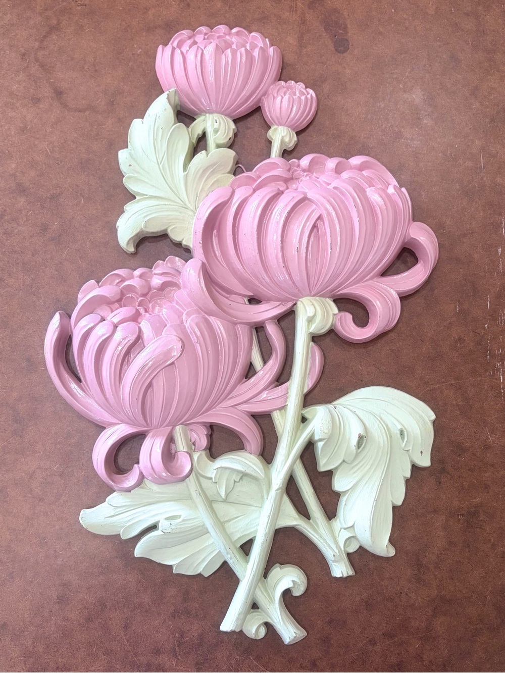 Vintage - Syroco Pink/Lavender & Green Floral Wall Accent Plaque - Chrysanthemum
